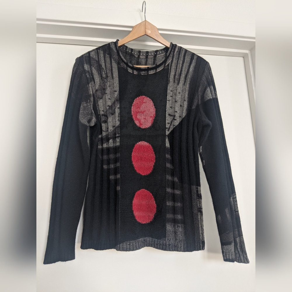 YOSHI Black Long-Sleeve Knit Top with Red Dot Detail